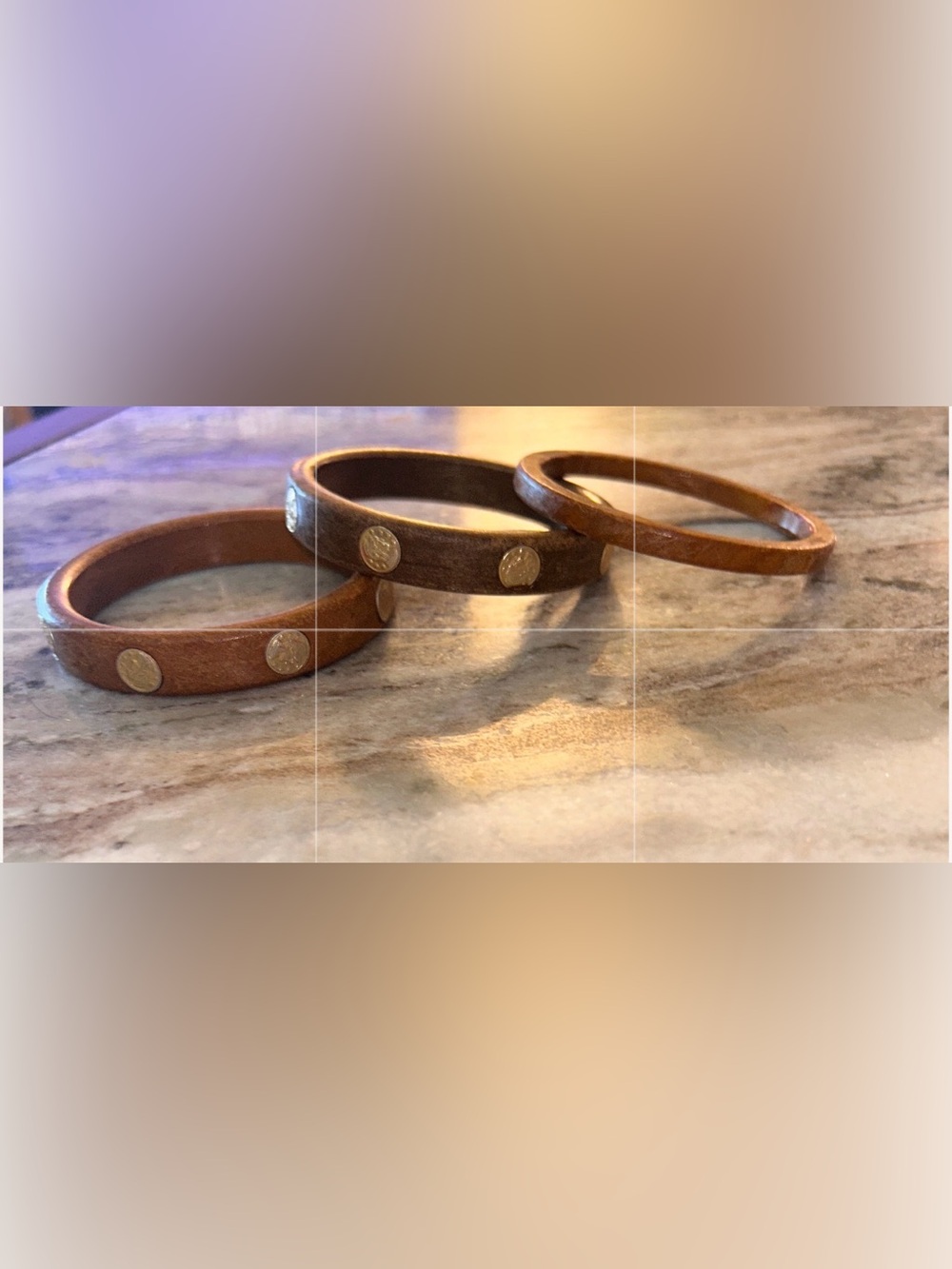Three Vintage Wooden Bangle Bracelets Retro Brass Inlay